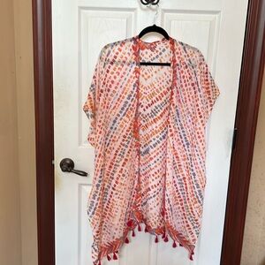 Women's White Tie-Dye Tassel Swim Coverup with Orange & Blue Accents